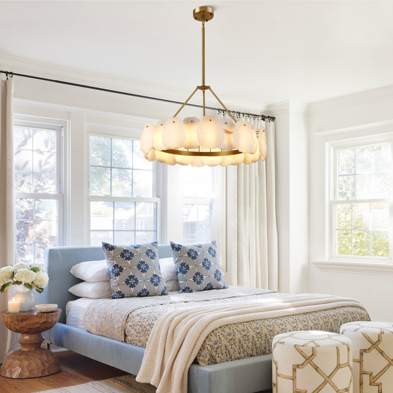 24"/ 31"Dimmable LED Drum Alabaster Chandelier Brass Pendant Lights For Dining Room, 22 W, 18.5" H x 31.4" W x 31.4" D