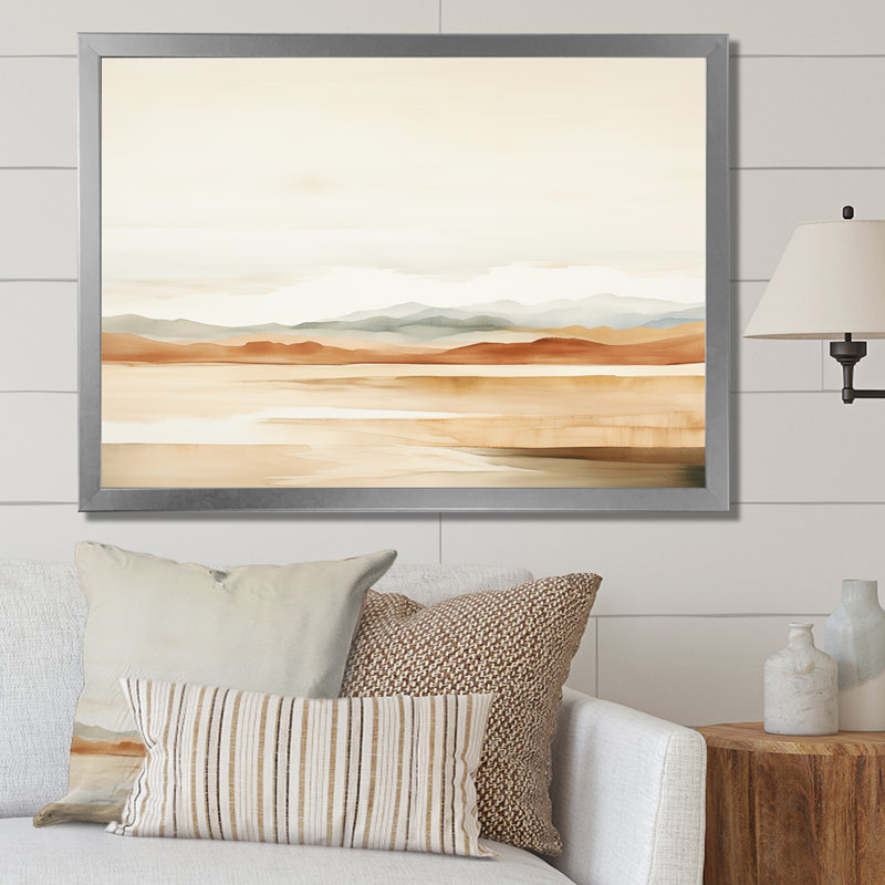 Minimalisme, horizon de montagne beige, Cadre simple argenté, H 16 po x l 32 po x P 1 po