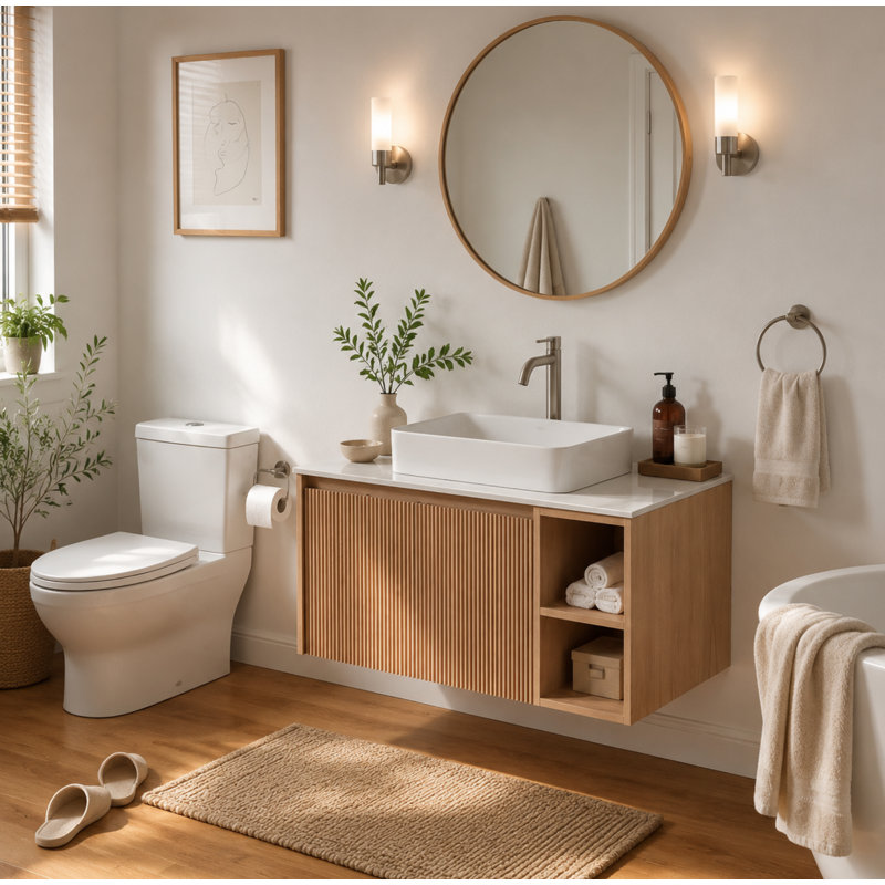 Meuble-lavabo simple avec comptoir en pierre frittée Dexheart, Bois clair, 36"