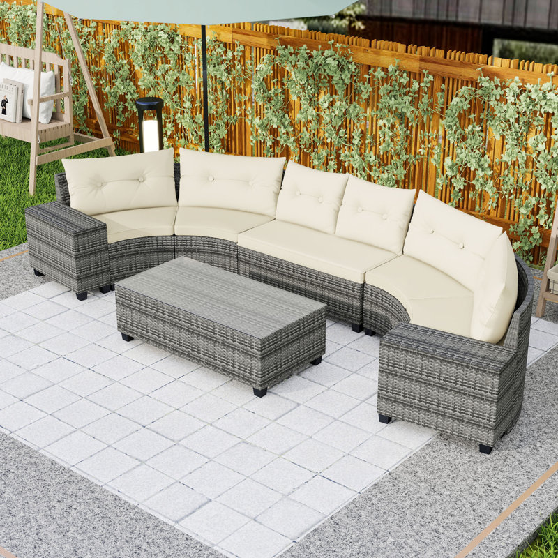 Ensemble de canapé d'extérieur en osier 8 pièces avec canapé modulaire incurvé, coussins, table basse et 2 tables d'appoint