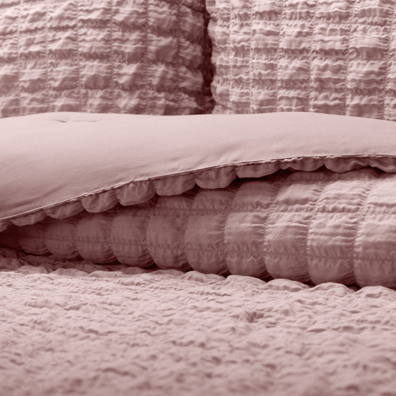 Seersucker Textured Comforter Set, King / Cal-King Comforter + 2 Shams, Rose