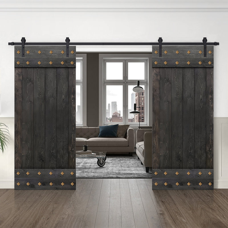 Porte de grange à panneaux et en bois manufacturé avec quincaillerie d'installation, 92 po x 84 po, Noir anthracite