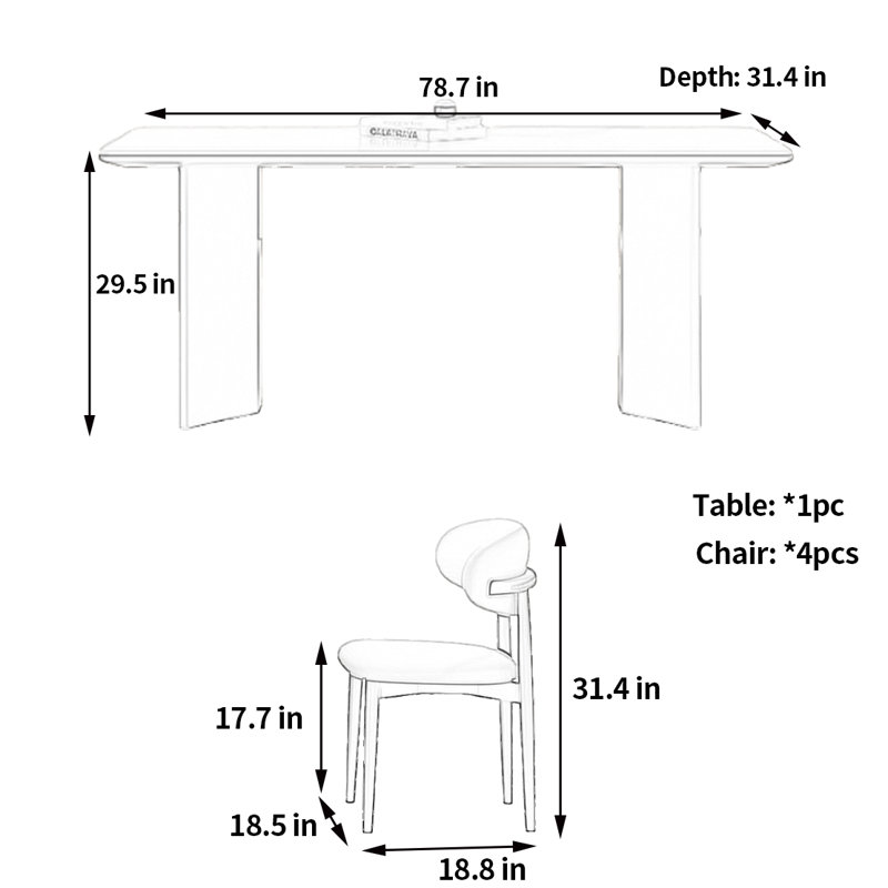 Rectangular modern table and chair, 29.5"H x 78.7"L x 31.4"W