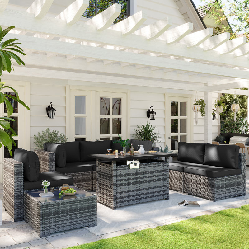 Caradog Wicker 6 - Person Patio Conversation Sets with Cushions, Coffee Table and 44" Fire Pit Table
