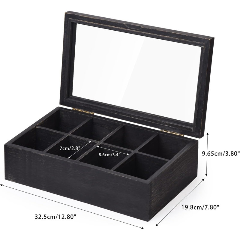 Boîte à thé en bois Porte-sachets de thé Boîte de rangement pour sachets d'épices et sachets de sucre avec 8 compartiments et fenêtre en verre vieilli noir