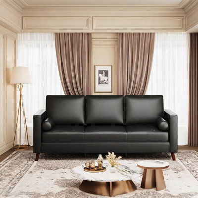 83" Mid-Century Modern Faux Leather Sofa 3-Seater, Vintage Cognac Couch with Round Bolster Arms, Vegan PU Leather Loveseat for Living Room