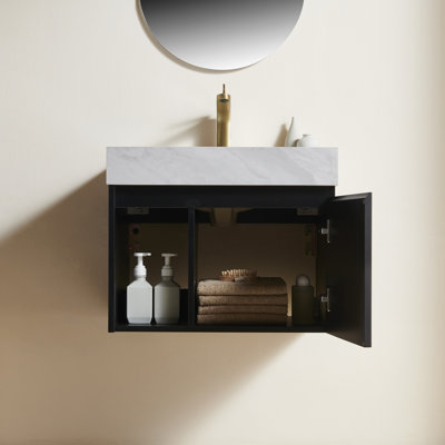 Meuble-lavabo de salle de bain 24 po EIDEN, meuble de rangement flottant, plateau en pierre frittée de couleur gris Carrara et cuve en céramique avec 3 trous de robinet pré-percés, ensemble non assemblé, robinet et drain, couleur noire