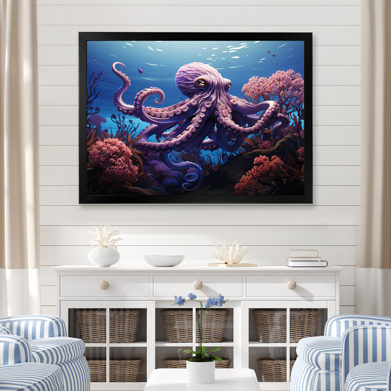 Mauve oasis de pieuvre I - art mural animaux côtiers, Cadre d'angle fermé noir, H 34 po x l 44 po x P 1,5 po
