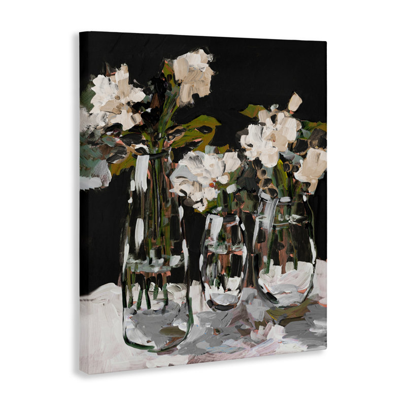 Trois vases de fleurs sur toile noire, design par Jane Slivka, H 40 po x l 30 po