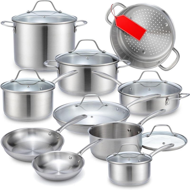 Pots and Pans Set 17-Piece, Ultra-Clad Pro Stainless Steel Cookware Set, Ergonomic EverCool Handle, Induction Cookware, Includes Saucepans, Skillets, Dutch Oven, Stockpot, Steamer For Cooking