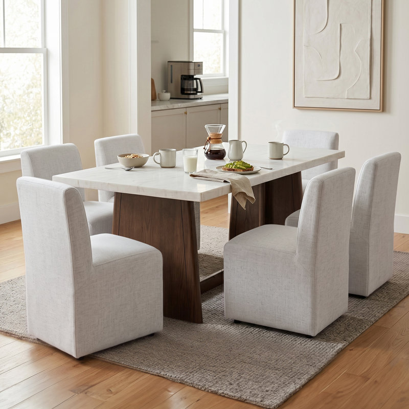 Ensemble de table de salle à manger en marbre véritable 70 pièces avec chaises rembourrées Philip, 7 Pieces: Table, 6 Chairs