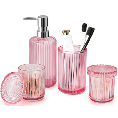 Pink Bathroom Accessories Set, 4 Pcs Glass Bathroom Accessory Set, Pink Soap Dispenser And Toothbrush Holder Set, Cotton Swab Holder Set, Vintage Bathroom Sink Set, Cute Bathroom Decor Housewarming Gift