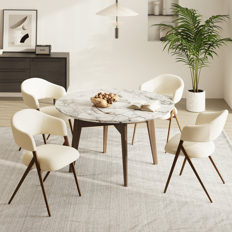 Modern Upholstered Dining Chair with Curved Backrest and Wood-Look Metal Legs, Ergonomic Design and Thick Cushion, Beige