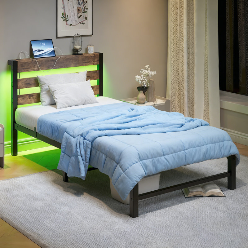 Lit plateforme simple avec tête de lit et station de charge USB, Lit simple