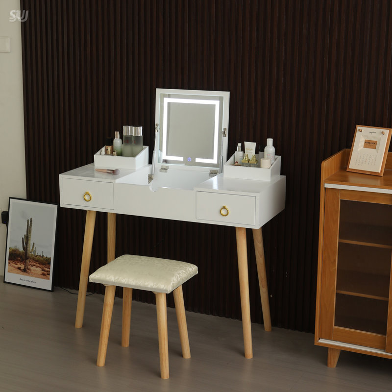 Ensemble de coiffeuse avec miroir lumineux à DEL et prise de courant, coiffeuse avec tiroirs et armoire