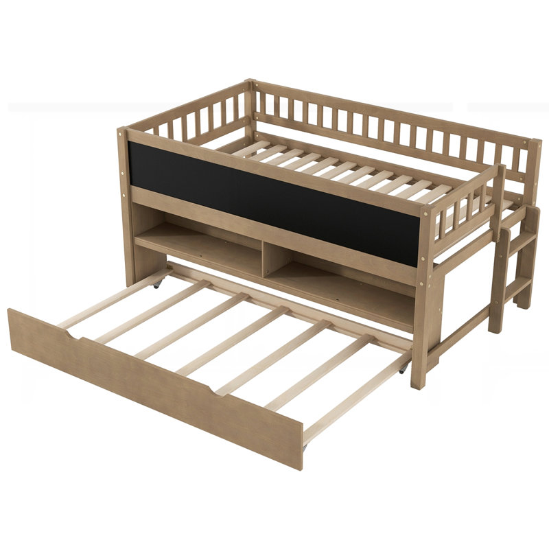 Lit mezzanine bas en bois avec tablettes de rangement, Noyer