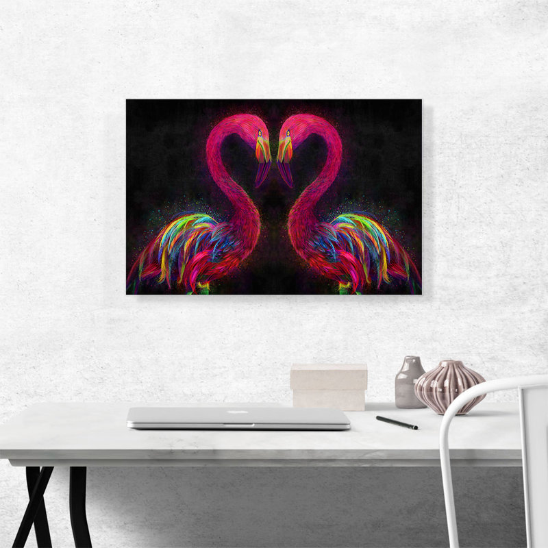 Deux flamants roses amoureux des cœurs, impression sur toile tendue, H 18 po x l 26 po x P 0,75 po