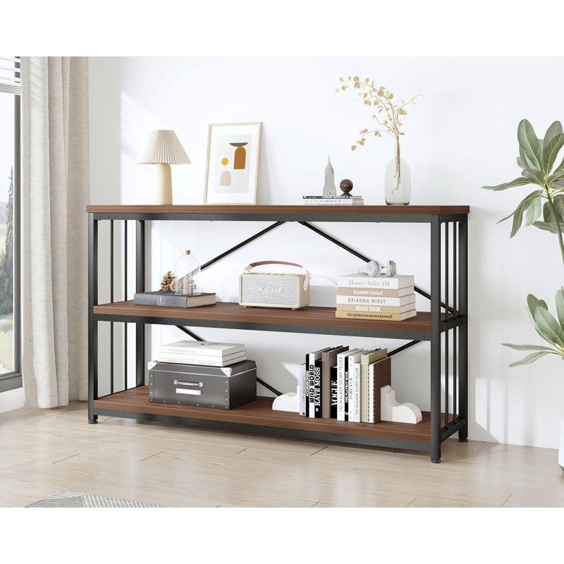 3-Tier Industrial Bookshelf With Wood And Metal Shelves, Rustic Low Wide Bookcase For Large Open Storage, Farmhouse Display Shelf For Home Office Living Room Kitchen