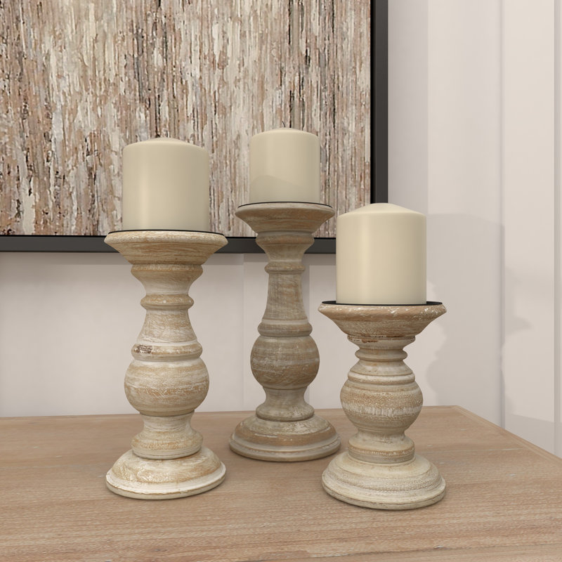 Ensemble de porte-bougies décoratifs de style pilier en bois de manguier tourné, Crème