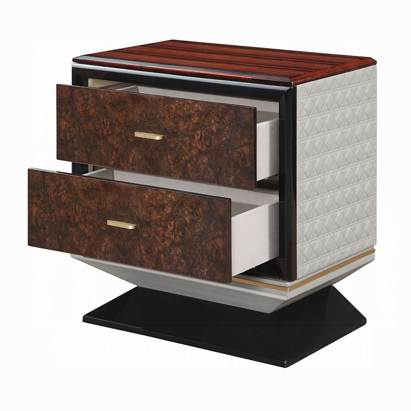 Table de chevet Soen, 2 tiroirs, lin beige matelassé, base piédestal brune