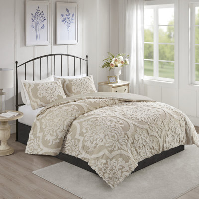 Couette 3 pièces en chenille de coton, grand lit/queen, couleur taupe