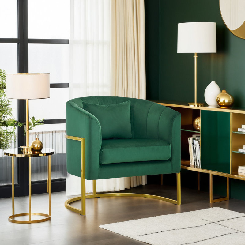 Fauteuil demi-tonneau en velours avec coussin Jaquaisha, Velours vert