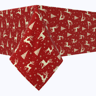 Emellia  Square Tablecloth, 100% Cotton, Golden Reindeer & Christmas Trees
