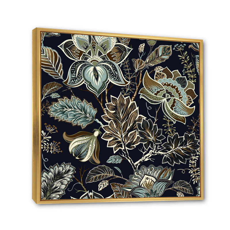 Fleurs rétro vertes foncées de style provençal - impression sur toile, H 37 po x l 37 po x P 1,5 po, Cadre doré