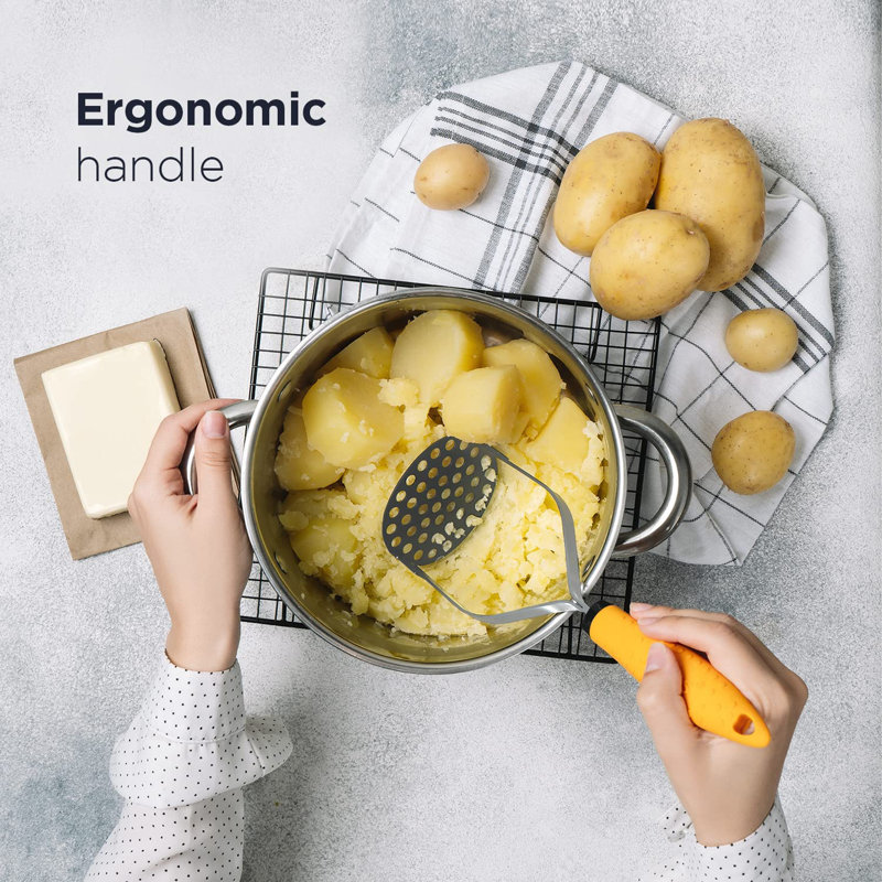Heavy Duty Stainless Steel Potato Masher with Orange Rubber Handle