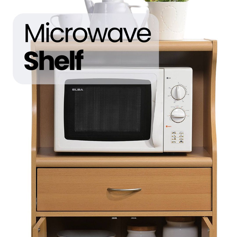 Rolling Kitchen Cart with  Microwave Shelf, Utensil Drawer, Interior Cabinet Storage Space and Locking Wheels, Beech