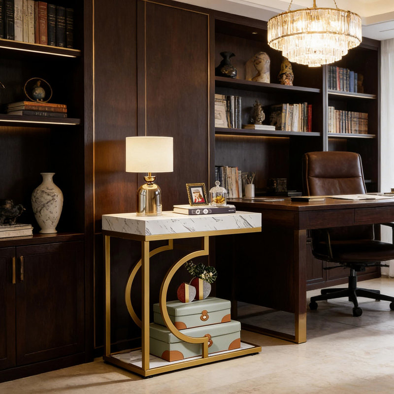 Élégante table de chevet avec plateau en faux marbre et cadre doré, 23,6 pouces de largeur, 12,05 de profondeur, hauteur, idéale pour les petits espaces, facile à nettoyer, tout espace compact, fonctionnelle