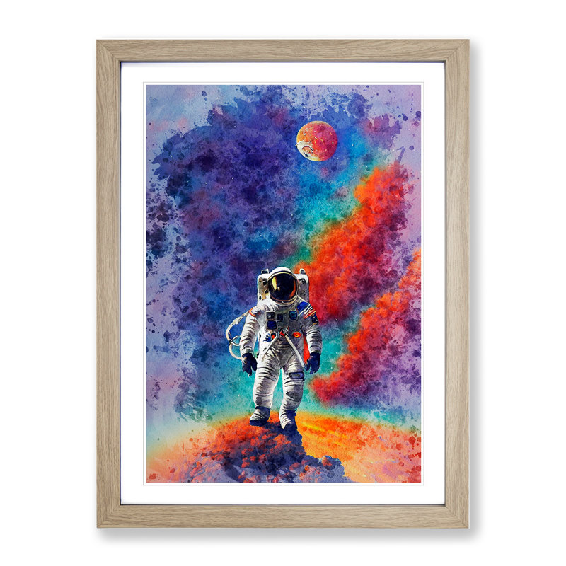 Astronaut in Watercolour No.1 1 Piece Single Picture Frame Painting, 34cm H x 25cm W x 2cm D, Oak Framed