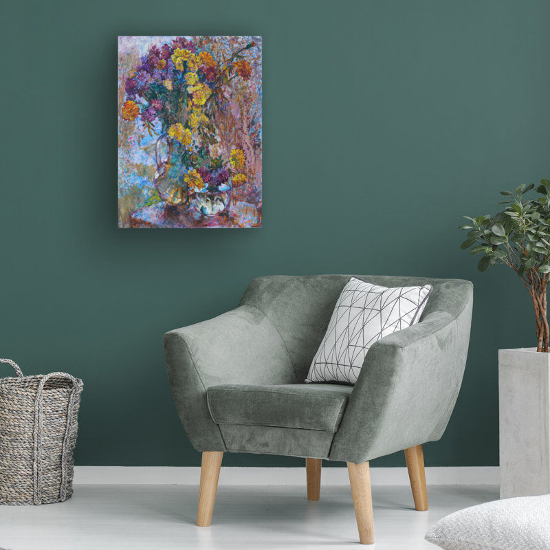 Art sur toile, "Cole Andrii Kutsachenko Chrysanthemums" sur fond de pluie, H 19 po x l 14 po