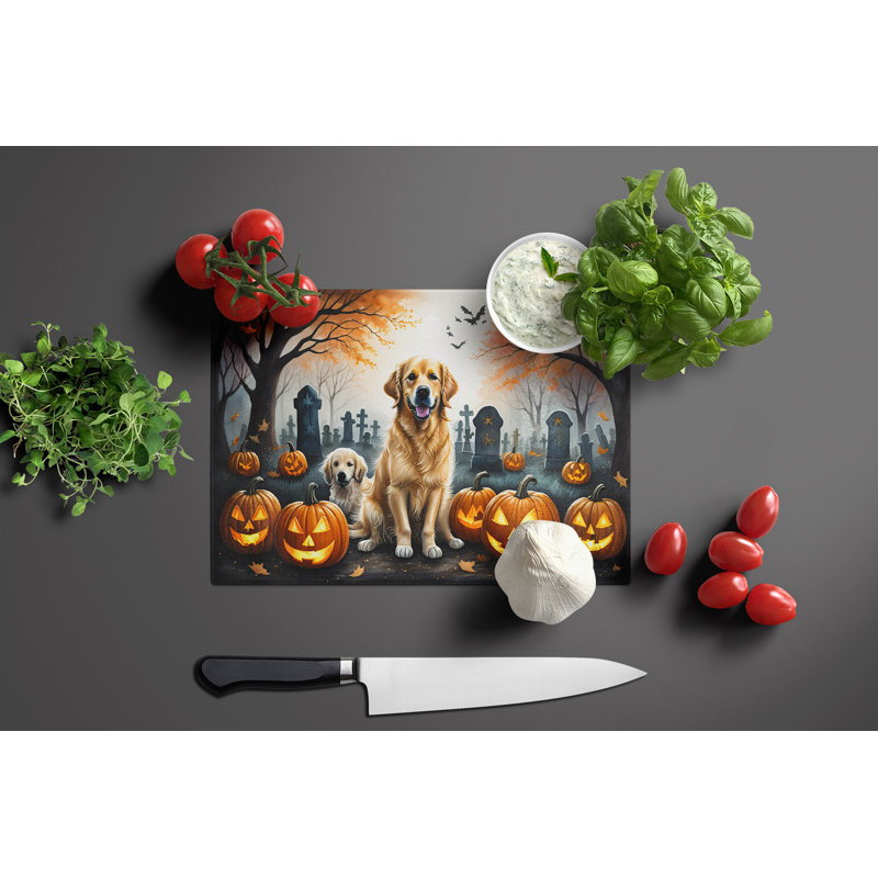 Golden Retriever Spooky Halloween Glass Cutting Board Large