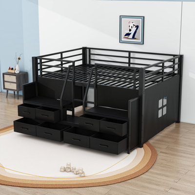 8 Drawers Full Low Loft Bed with Storage Stairs, Shelves and Built-in Lights