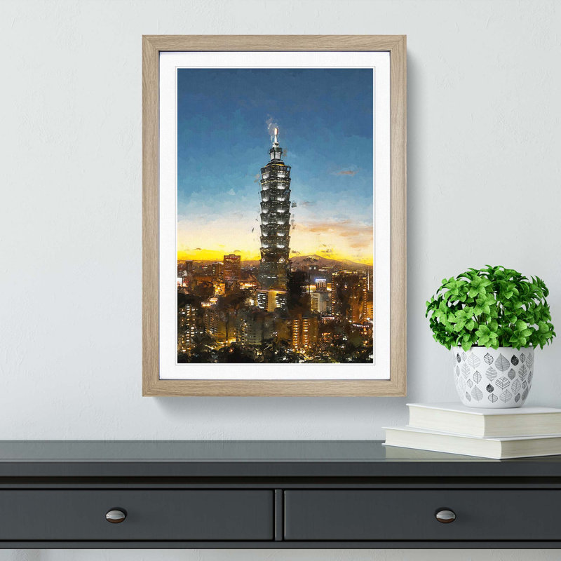 Taipei City in Taiwan Abstract Art - Picture Frame Graphic Art Print, Oak Framed, 65cm H x 48cm W x 2cm D