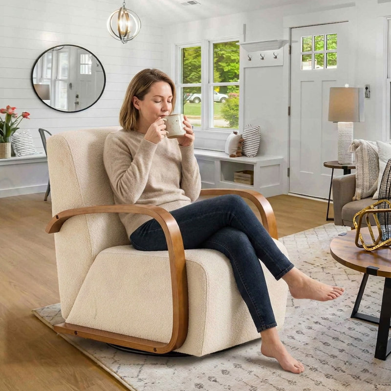 Swivel Accent Chair,Modern Armchair with Solid Wood Arm Handrail for Living Room Bedroom Study Room, White