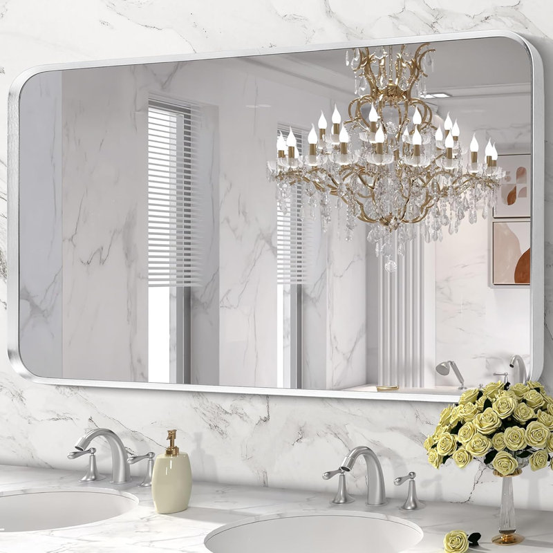 Miroir mural de salle de bain en nickel brossé, grand miroir rectangulaire de coin arrondi avec cadre en métal argenté, verre trempé, incassable, suspension horizontale ou verticale (28 po x 60 po, argent)