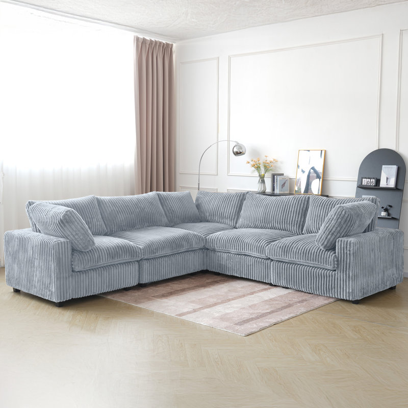 5 - Piece Upholstered Sectional, Gray Faux Fur