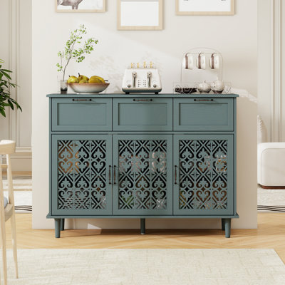 47.23" Mid-Century Modern Buffet Sideboard Cabinet with Storage, 3 Carved Doors, 3 Drawers & Adjustable Shelves for Dining Room, Living Room & Entryway