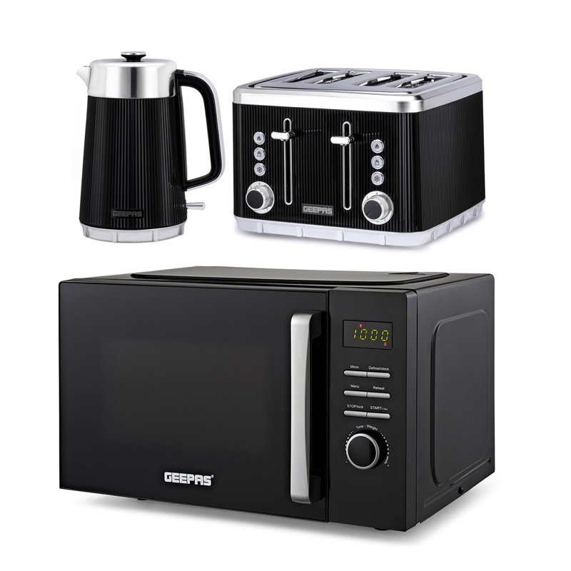 GEEPAS 23L Digital Microwave Oven, 1.7L Kettle & 4 Slice Toaster Kitchen Combo Set | 3000W Rapid Boil Cordless Jug Kettle | 1860W Toastie Machine | 60 Min Timer 8 Pre-Set Modes 800W Oven Black