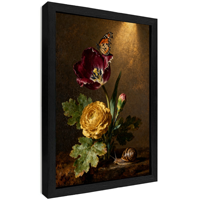 «Black Flower Vintage Life Still Life», reproduction d'art encadrée noire, H 37 po x l 25 po