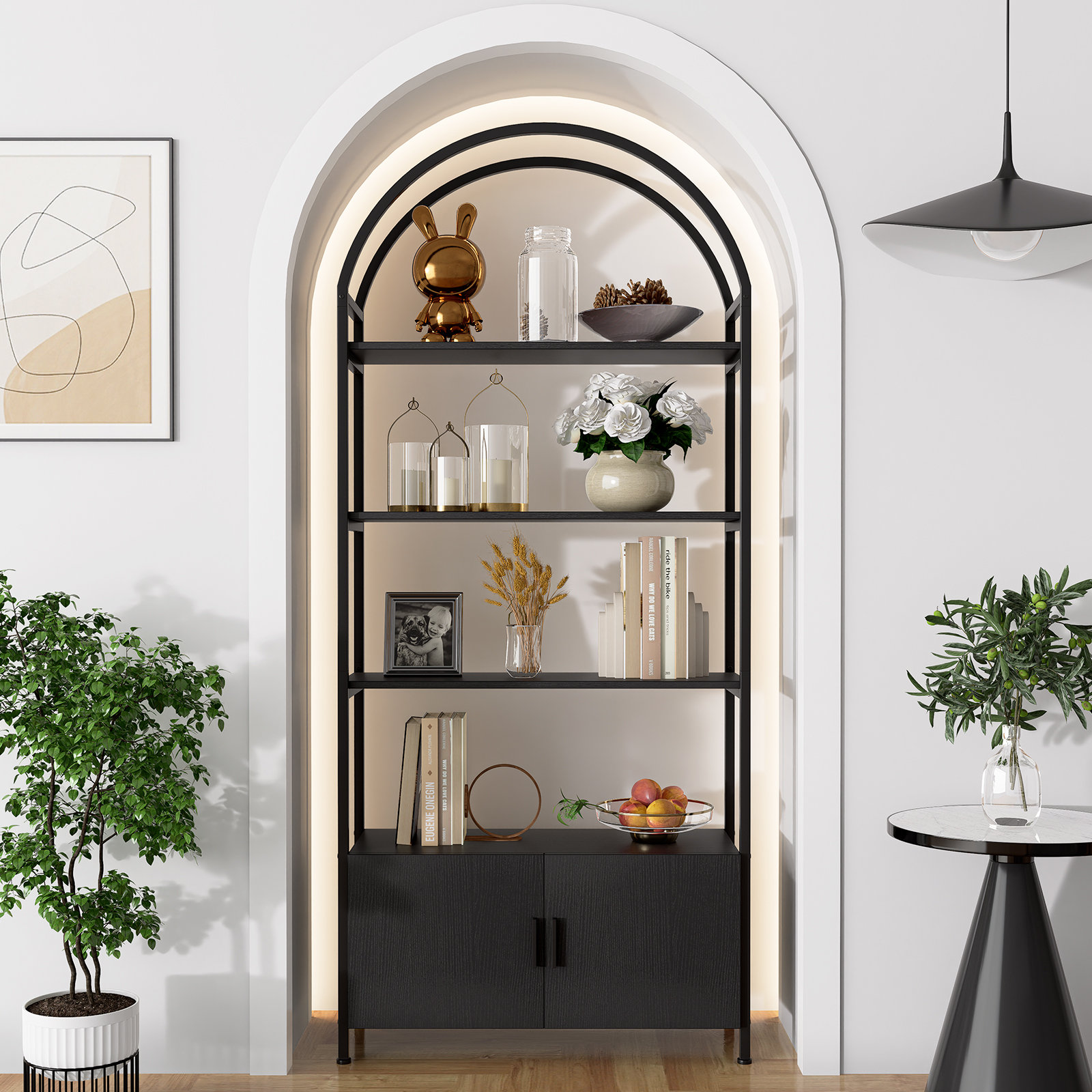 Mercer41 Gretlies Gold Bookshelf Arched Bookcase With Doors Hidden Storage Luxury Sideboard & Reviews | Wayfair