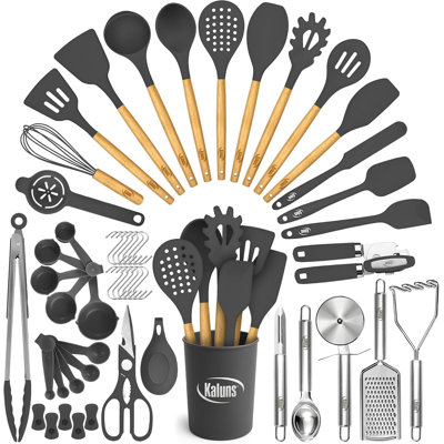 Kaluns 50-Piece Silicone Kitchen Utensils Set with Wooden Handles, Heat Resistant up to 800°F, Nonstick Cooking Tools Set with Can Opener, Masher & Spatulas