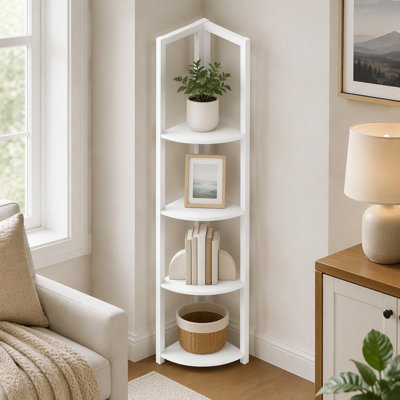 Étagère d'angle à 4 niveaux, de style moderne, en stratifié blanc et métal, idéale pour optimiser l'espace dans les chambres et les bureaux.