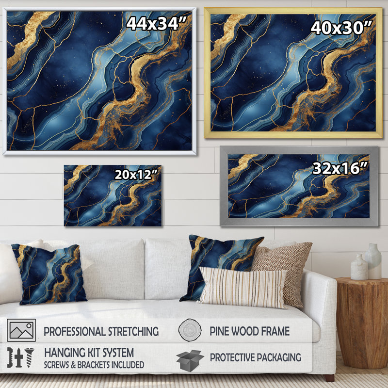 Blue And Gold Abstract Marble Mirage IV - Marble Wall Decor, Black Closed Corner Framed, 34" H x 44" W x 1.5" D
