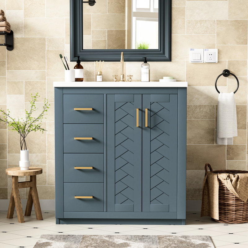 Meuble-lavabo en céramique de 76 cm (30 po) - Bois massif bleu, 3 tiroirs et 2 portes. Meuble de rangement fonctionnel avec panneaux de construction et fermeture en douceur. Pièce décorative élégante.