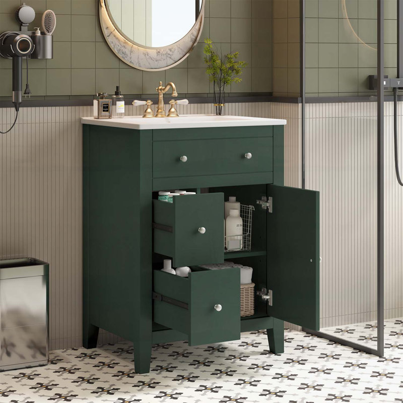 Meuble-lavabo moderne de 24 pouces avec lavabo, tiroirs à fermeture douce et tablette réglable pour petits espaces, Vert