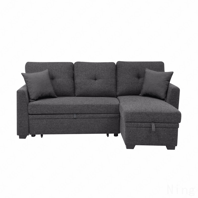 76.5" Linen Blend Upholstered Sectional With Pull-Out Bed And Chaise Storage, Charcoal Black