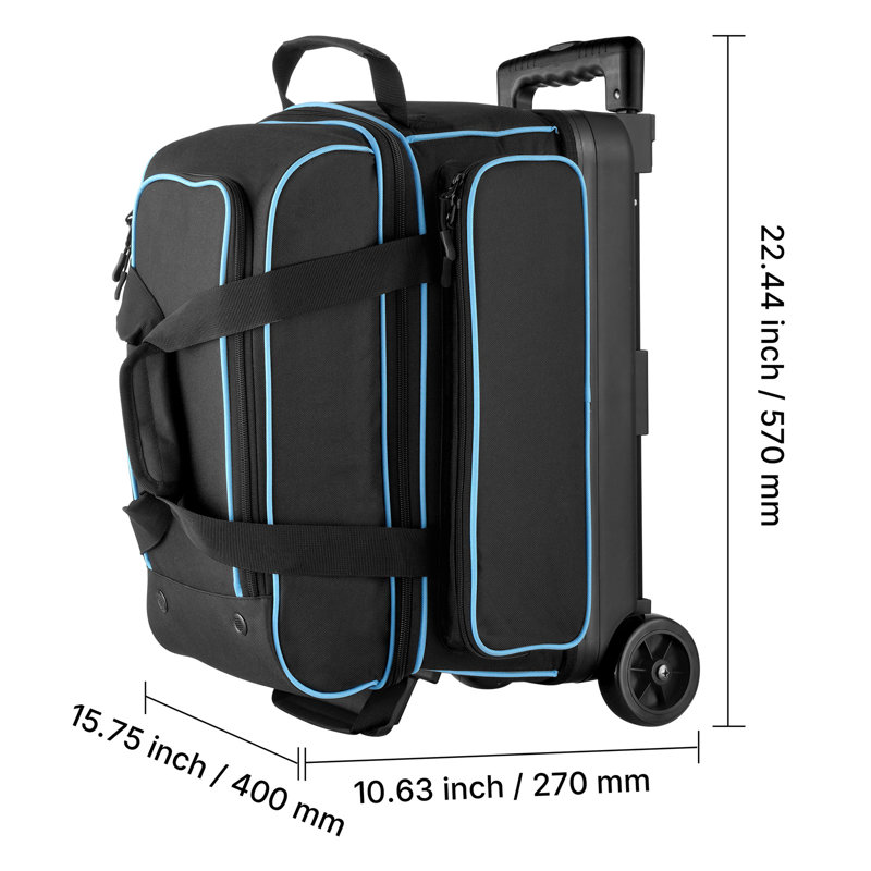 Sac de jeu de boules de bowling, sac de bowling double à roulettes à 2 balles avec roulettes, comprenant un compartiment séparé pour les chaussures (jusqu'à la taille US 16) et une poche pour accessoires surdimensionnée, la poignée rétractable s'étend jusqu'à 41,32 po